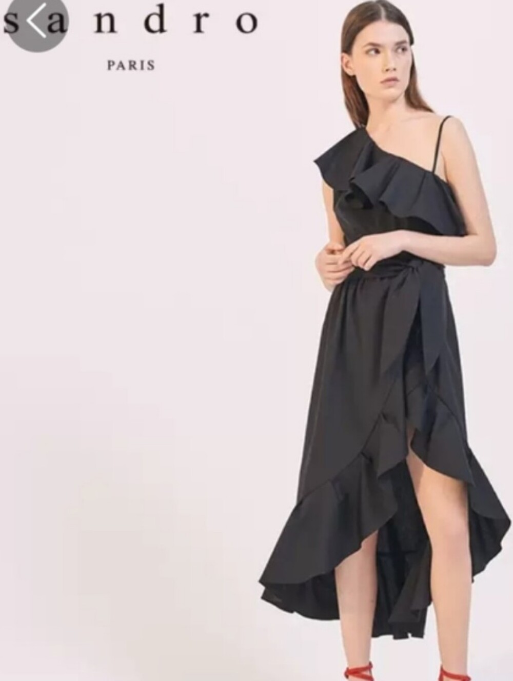 Sandro Paris Black Lover Ruffle One Shoulder Asymmetrical Hem Dress